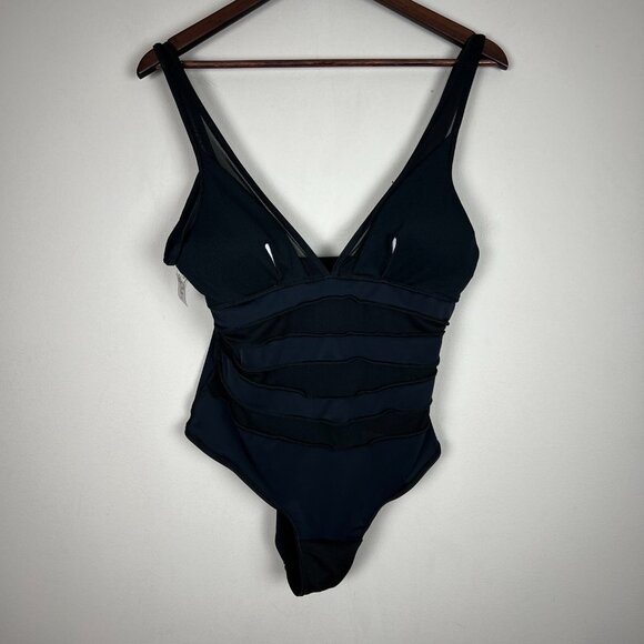 Cutout Mesh Sheer Swimsuit Womens XL Black One Piece Padded Bust V-Neck Low Back - Picture 10 of 11